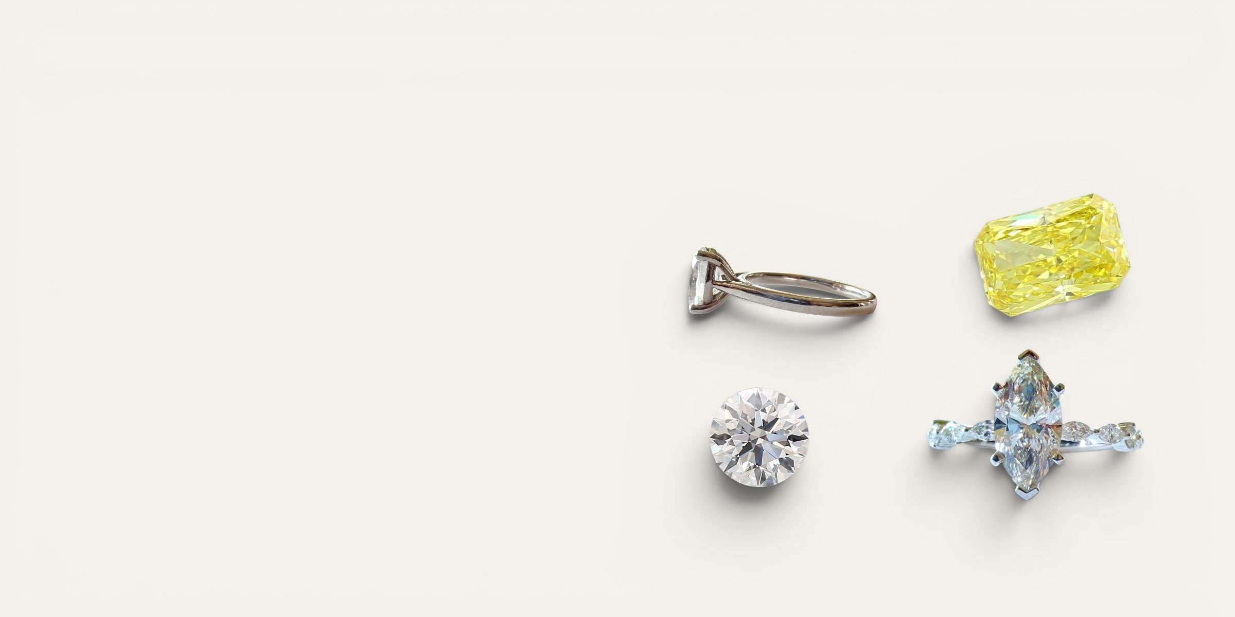Loose diamonds and diamond rings including a round solitaire engagement ring, a fancy yellow radiant-cut diamond, and a marquise-cut pavé ring